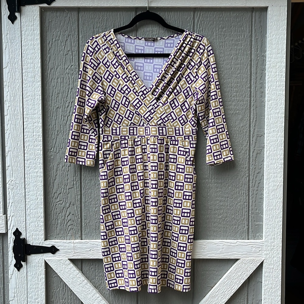 J. Mc Laughlin Faux Wrap Dress V-Neck Preppy Equestrian Belt Buckle Print Size S